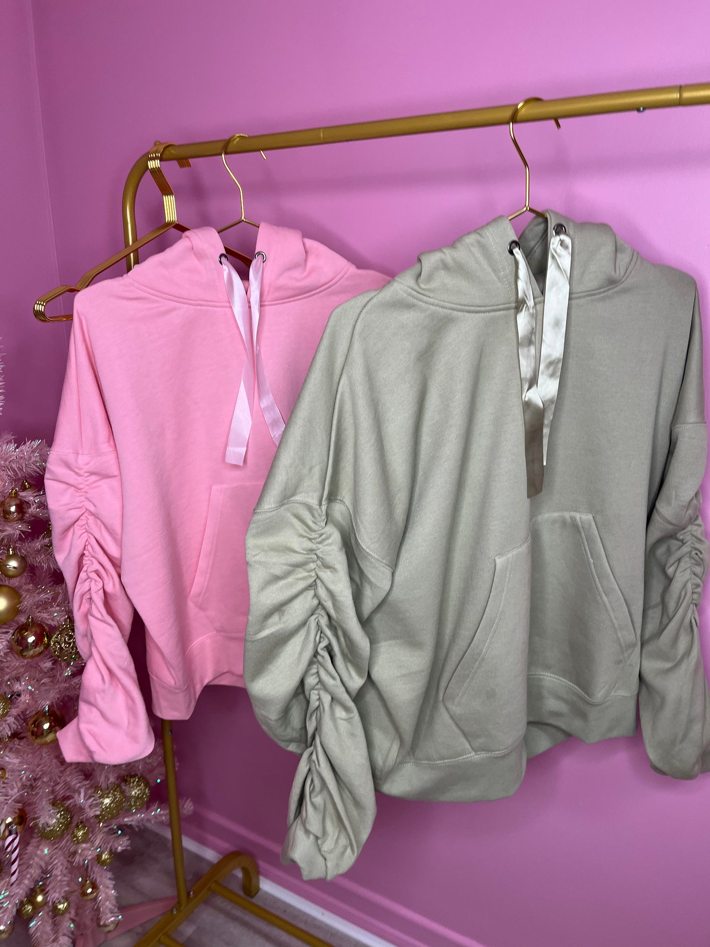 Sage green ruched sleeve ribbon hoodie