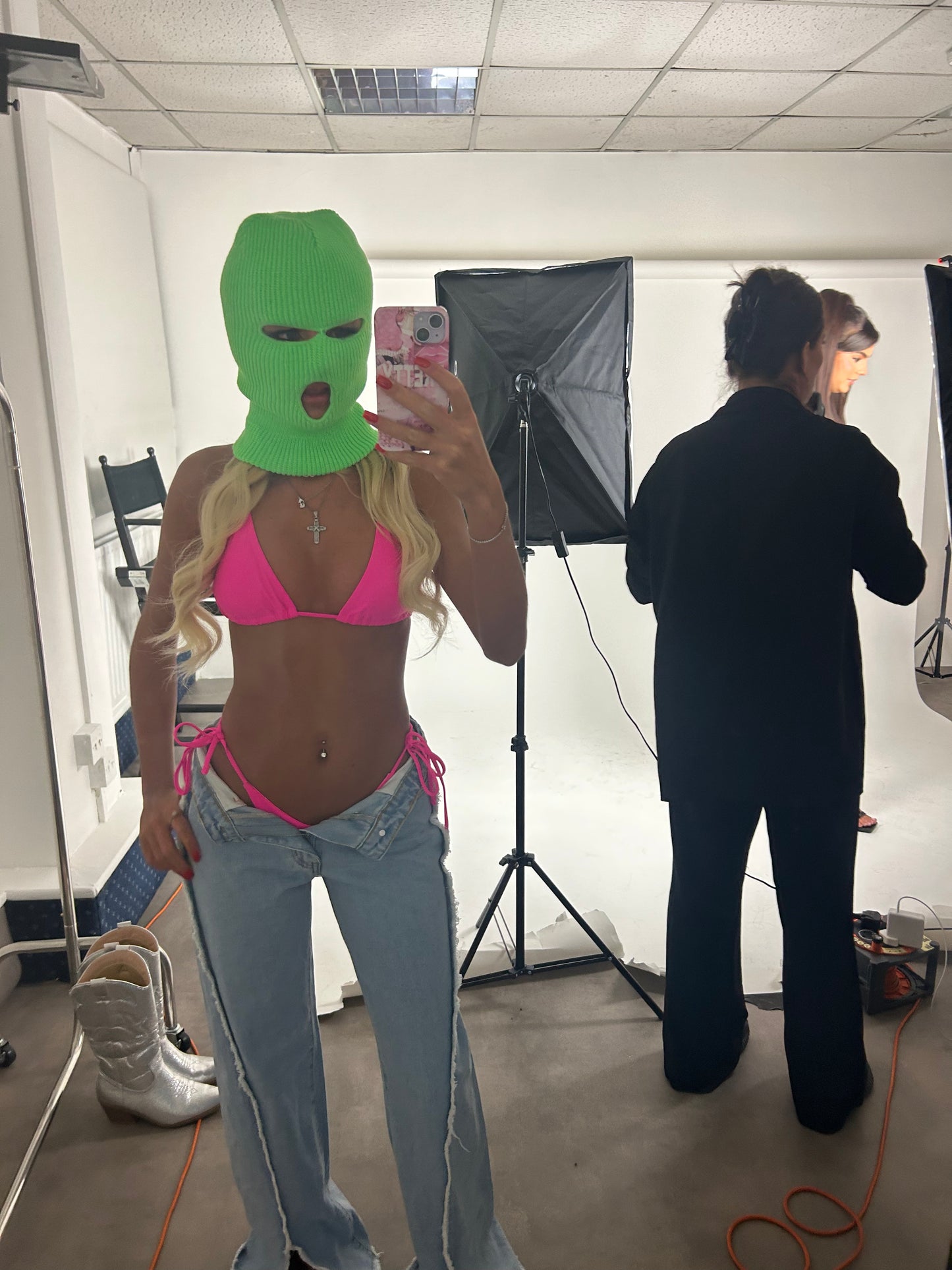 Green Balaclava and pink top
