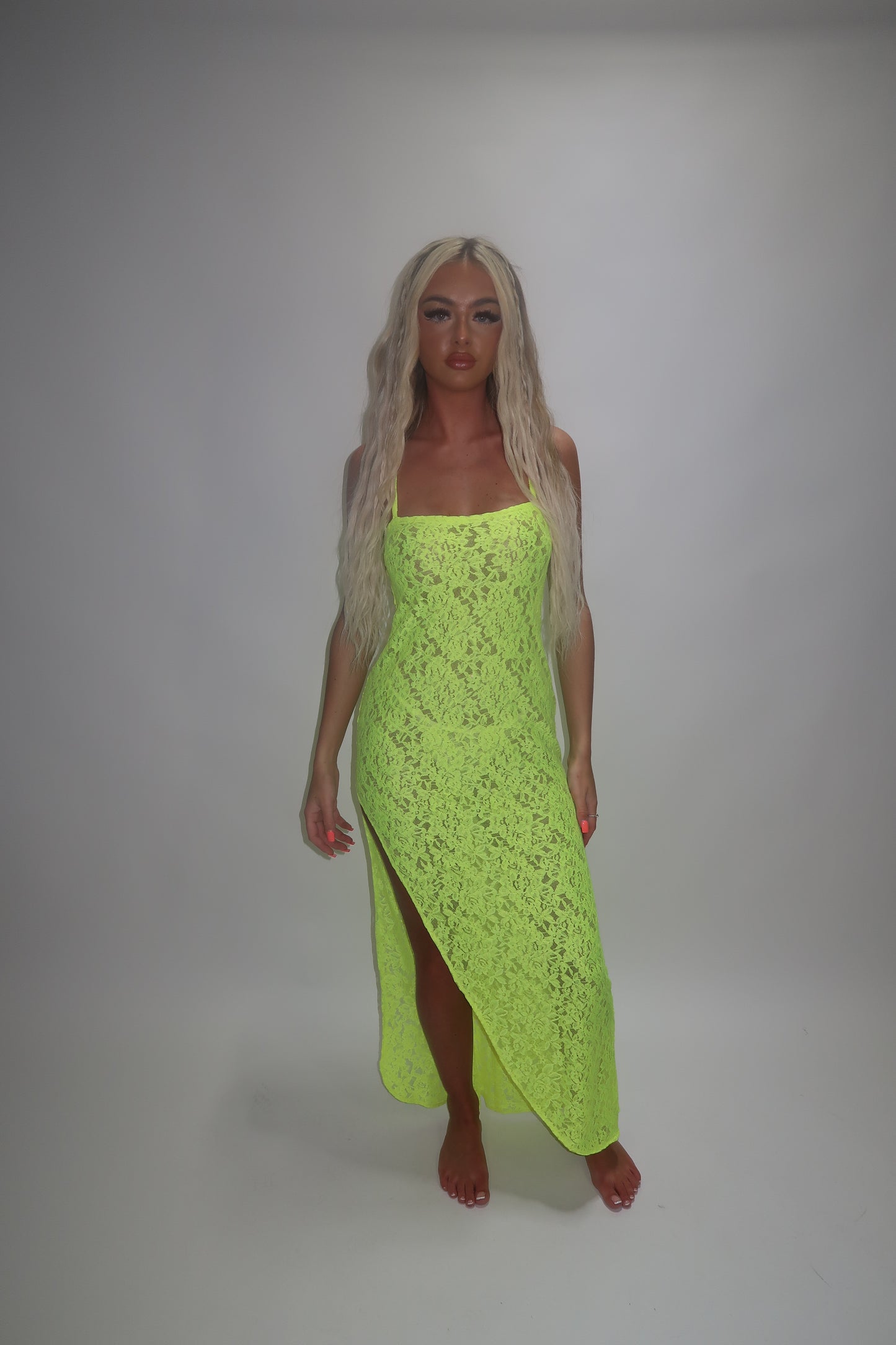 LIMITED EDITION HAND MADE AND DESIGNED IN HOUSE: Neon yellow Split leg dress