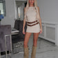 Beige Double Belted Round Neck Mini Dress
