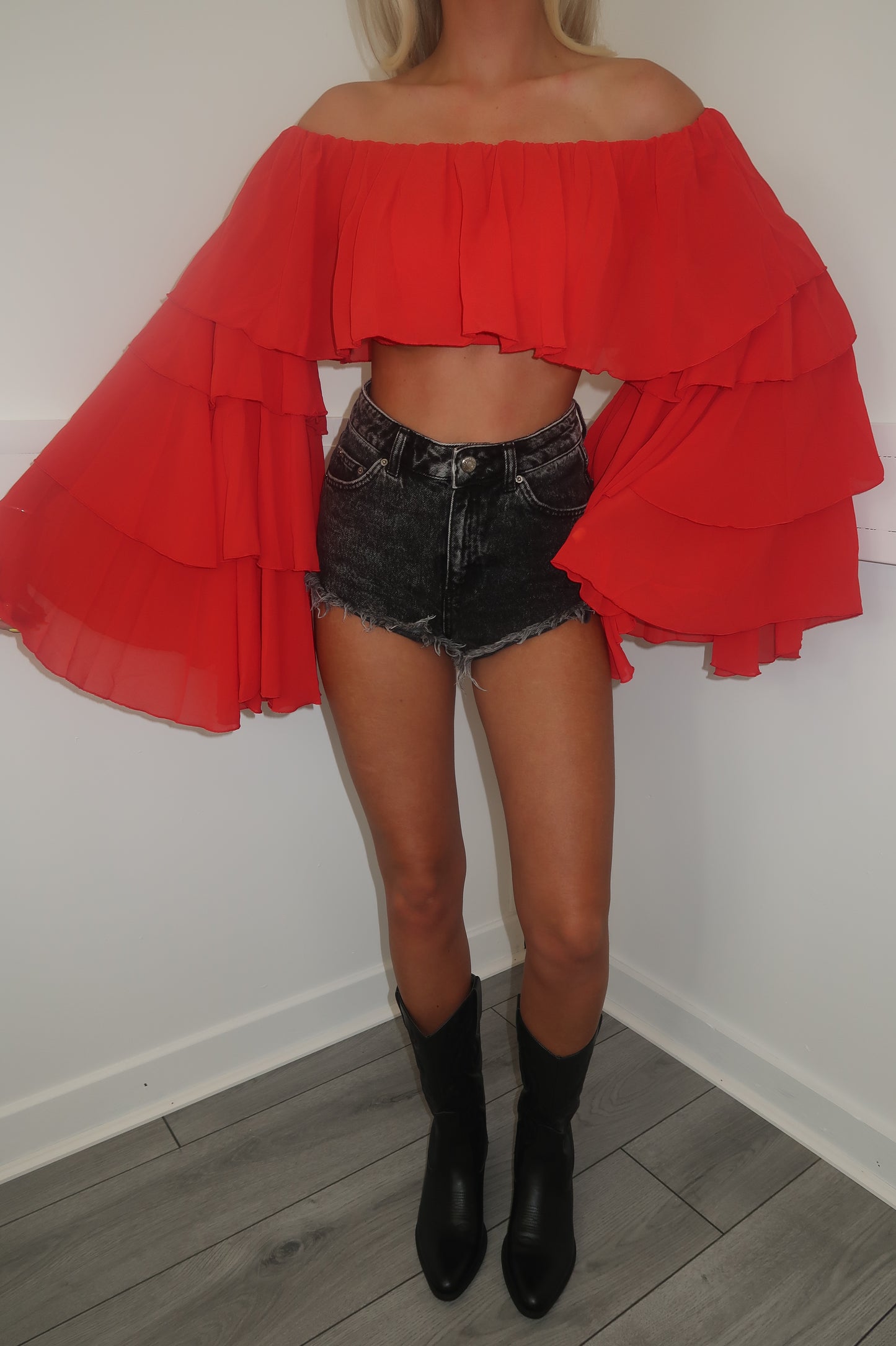 Red chiffon layered Bardot top