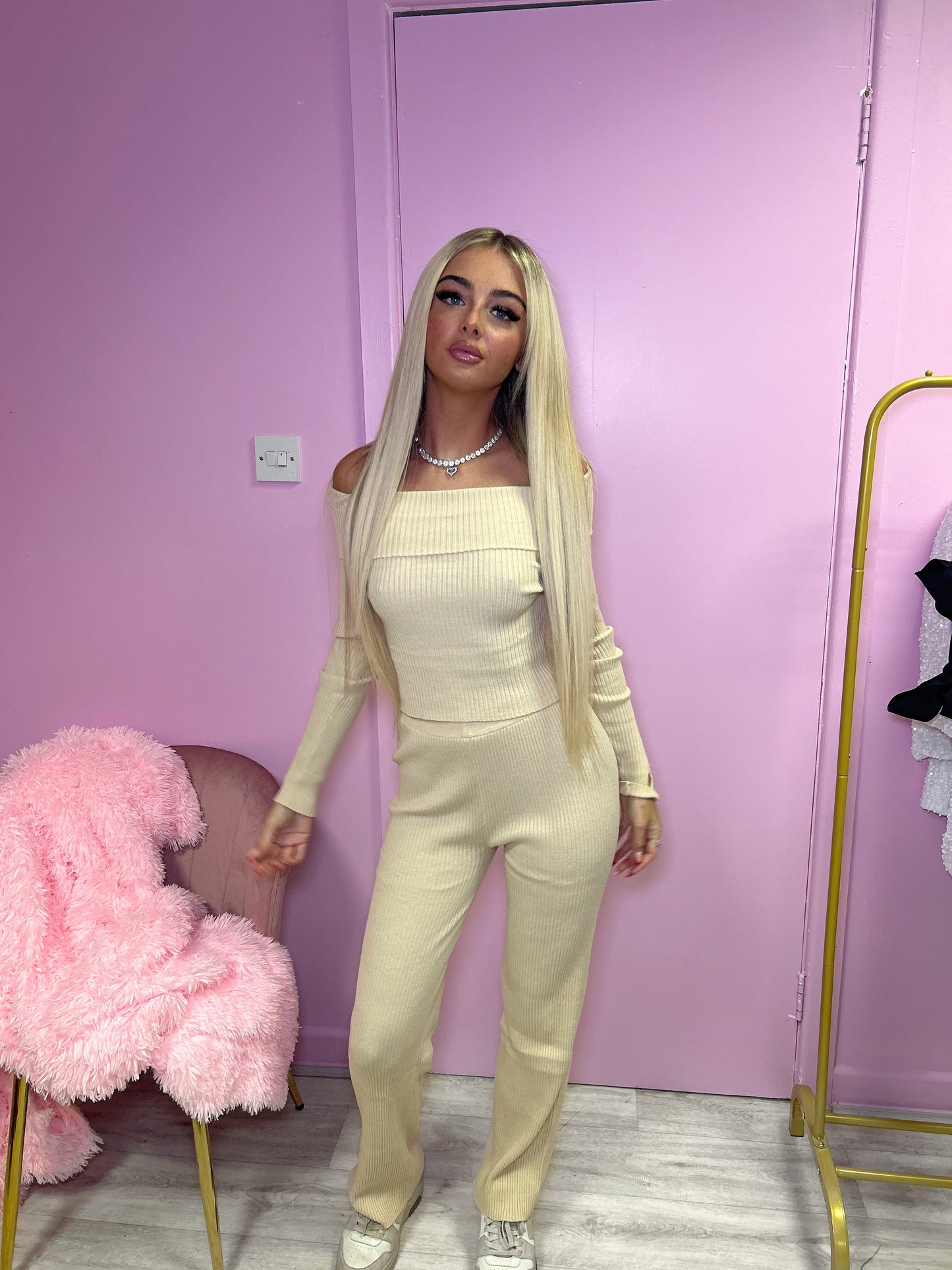Beige Off the shoulder knitted jumper and trousers set