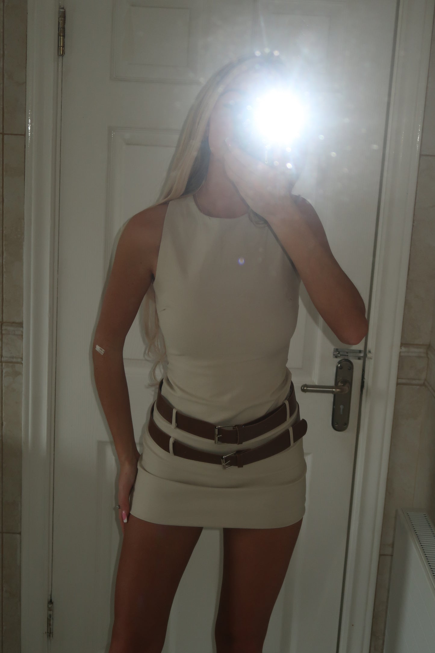 Beige Double Belted Round Neck Mini Dress