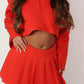 Red tailored zip up jacket and pleated skirt set