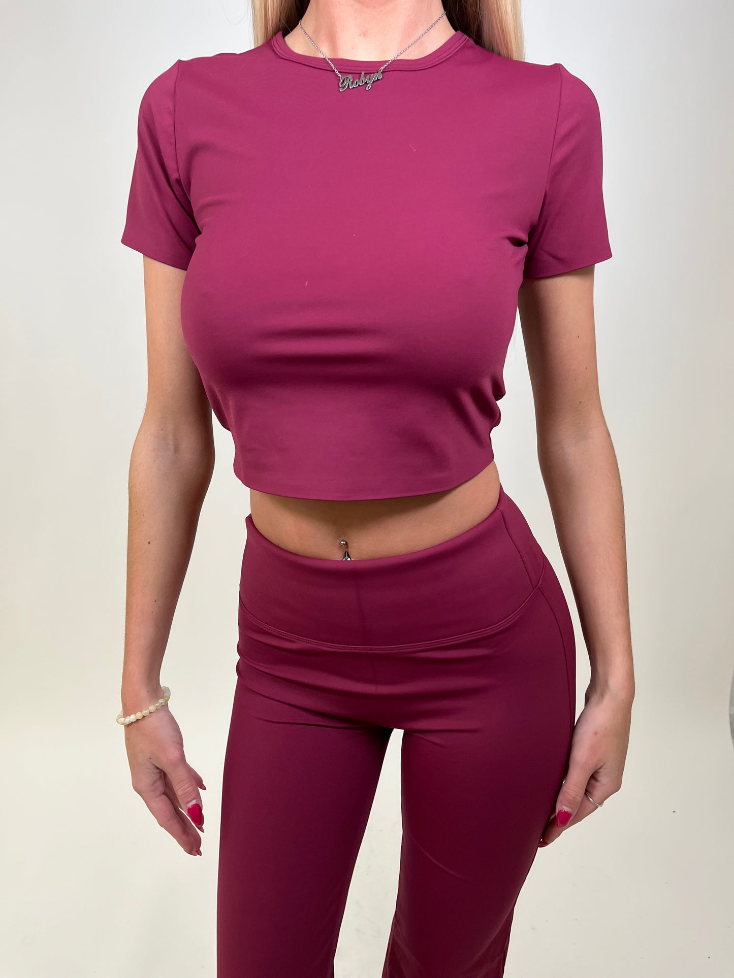 Sculpt burgundy crop top and flared leggings set