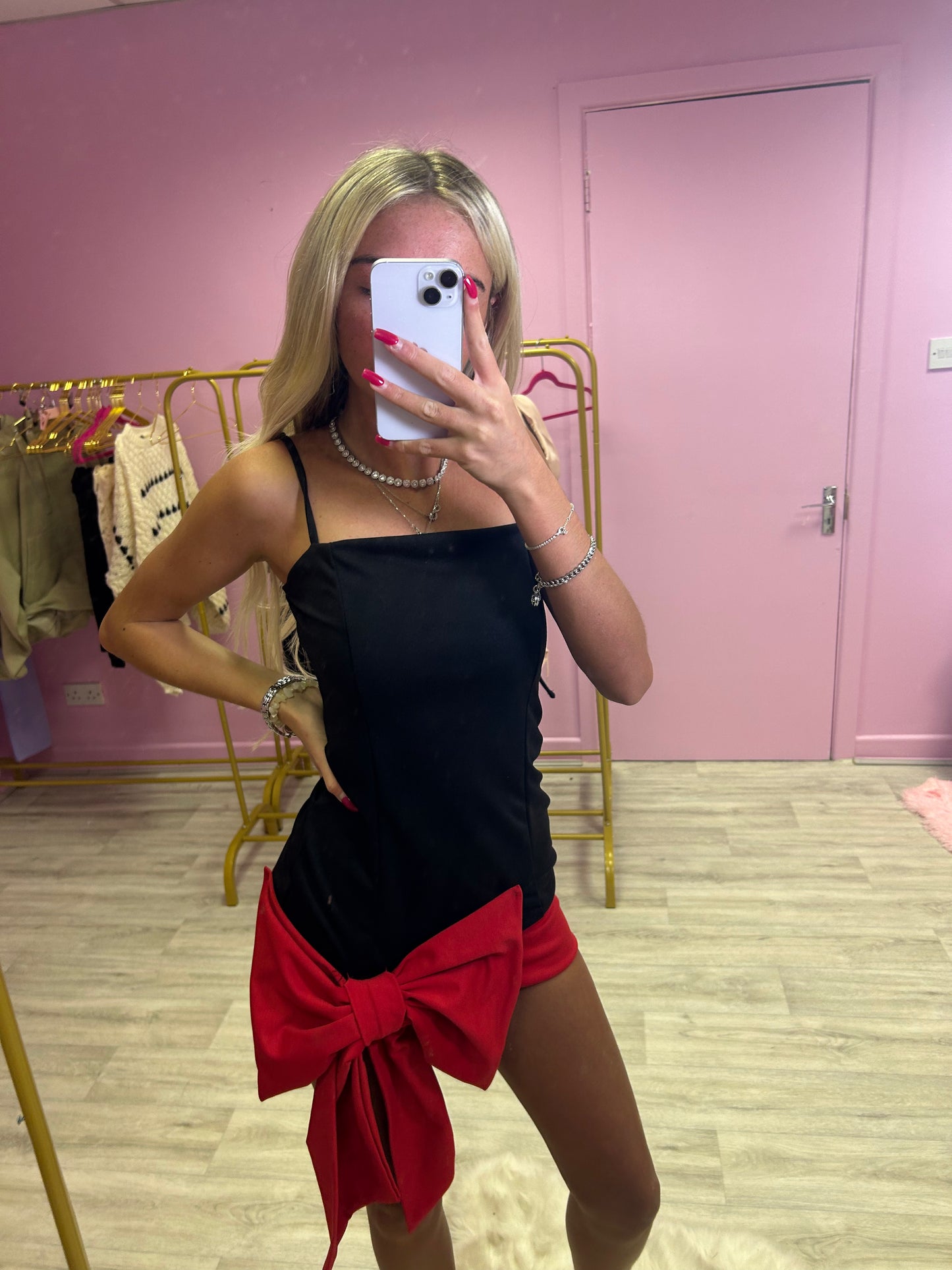 Black and red bow front mini dress