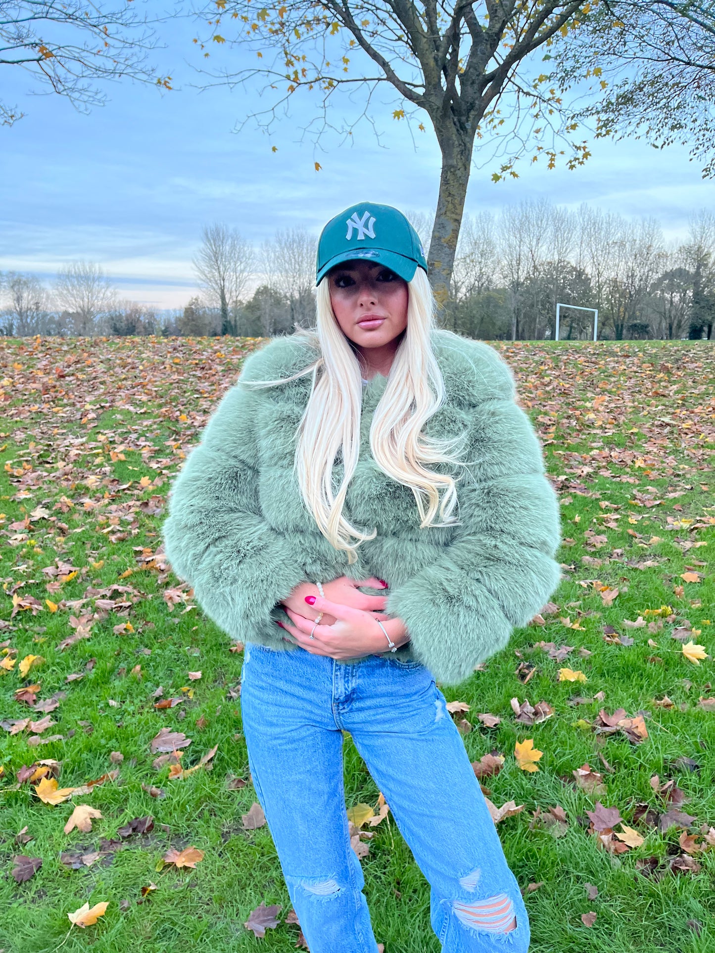 Luxury sage green 3/4 sleeve faux fur coat