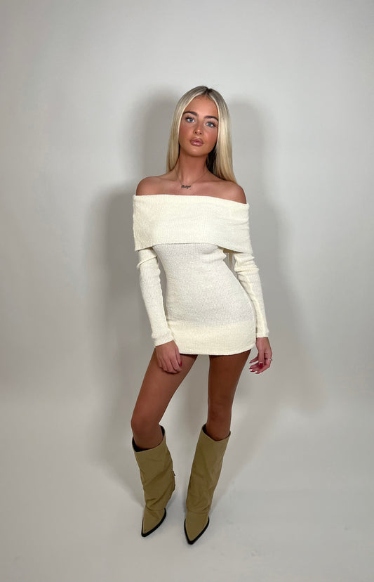 Ribbed Bardot jumper mini dress