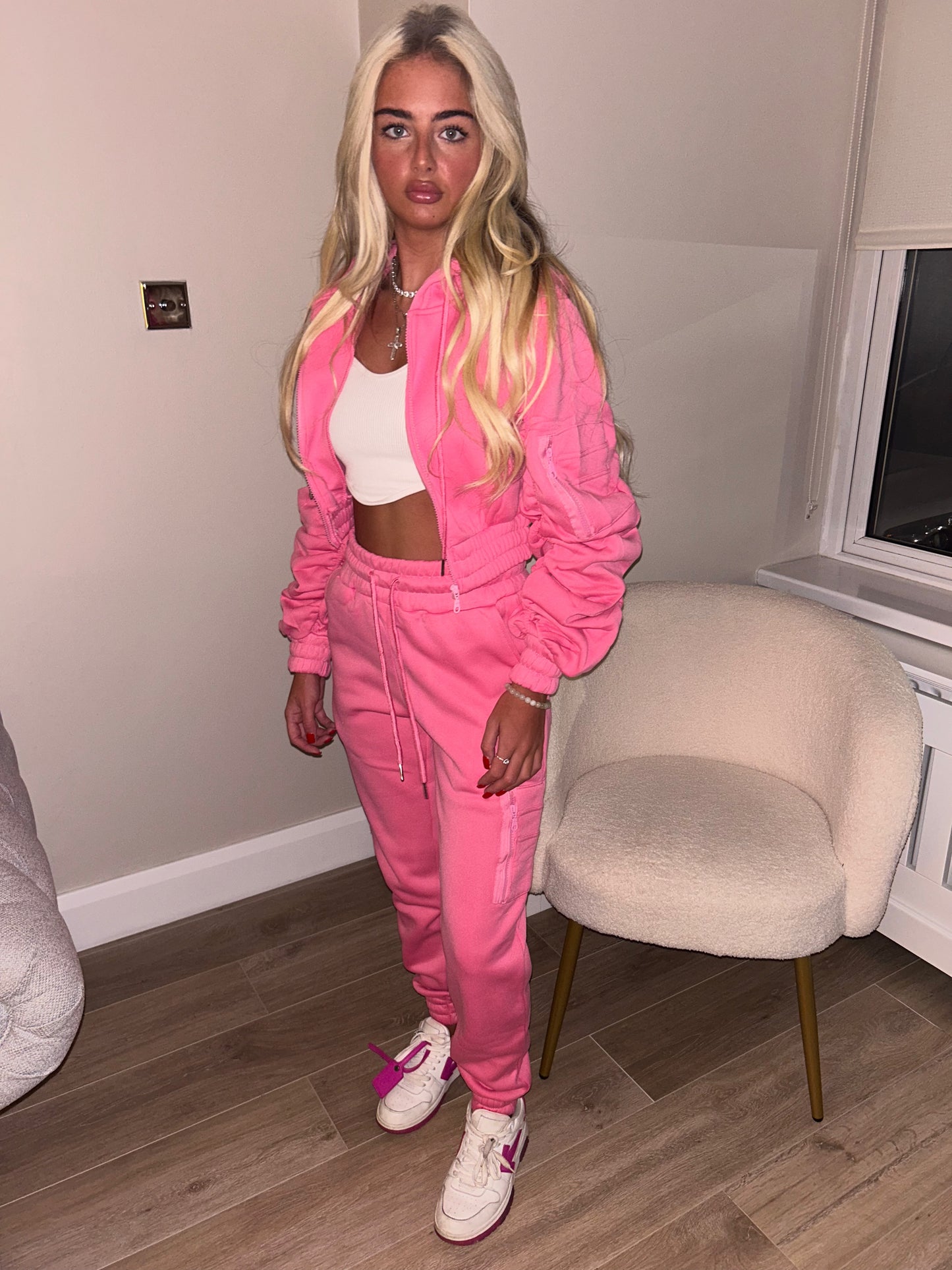 Pink ruched sleeve tracksuit