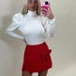 High neck puff sleeve ribbed jumper