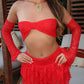 LIMITED EDITION HAND MADE AND DESIGNED IN HOUSE: Red frilly Rara skirt top and sleeves three piece