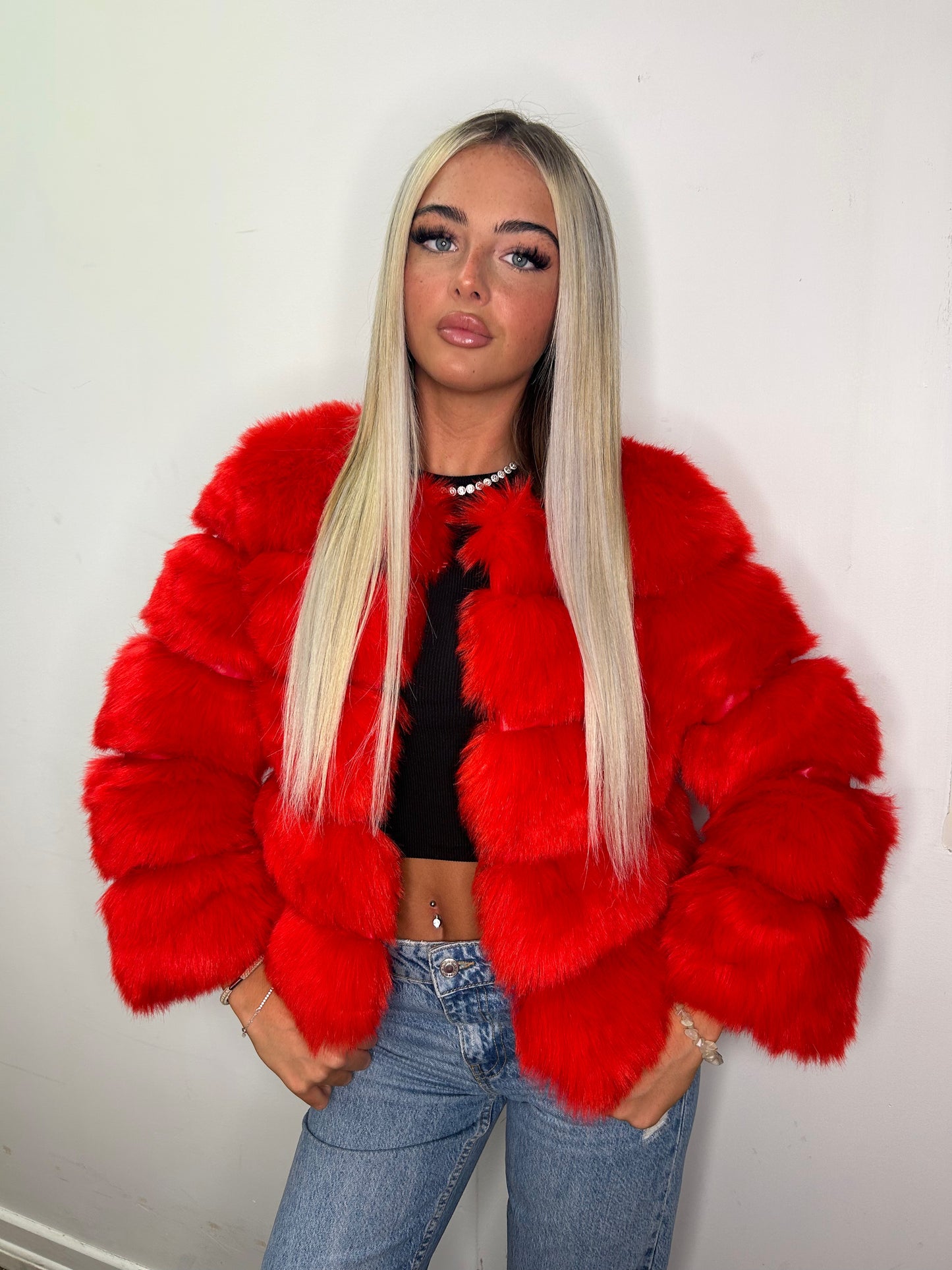 PRE ORDER Red 3/4 sleeve Faux fur jacket