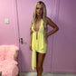 Yellow Slinky Halter Neck Top & Skirt Co-ord With Tie Knot Drape Detail