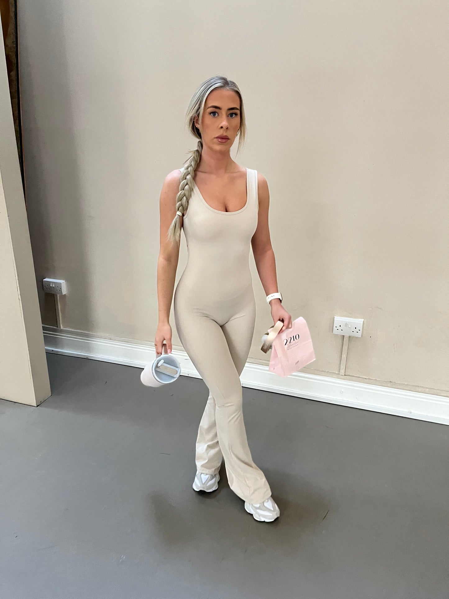 Beige cut out back ruched push-up jumpsuit