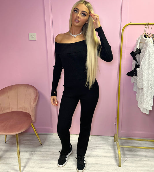 Black Off the shoulder knitted jumper and wide leg trouser set