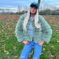 Luxury sage green 3/4 sleeve faux fur coat