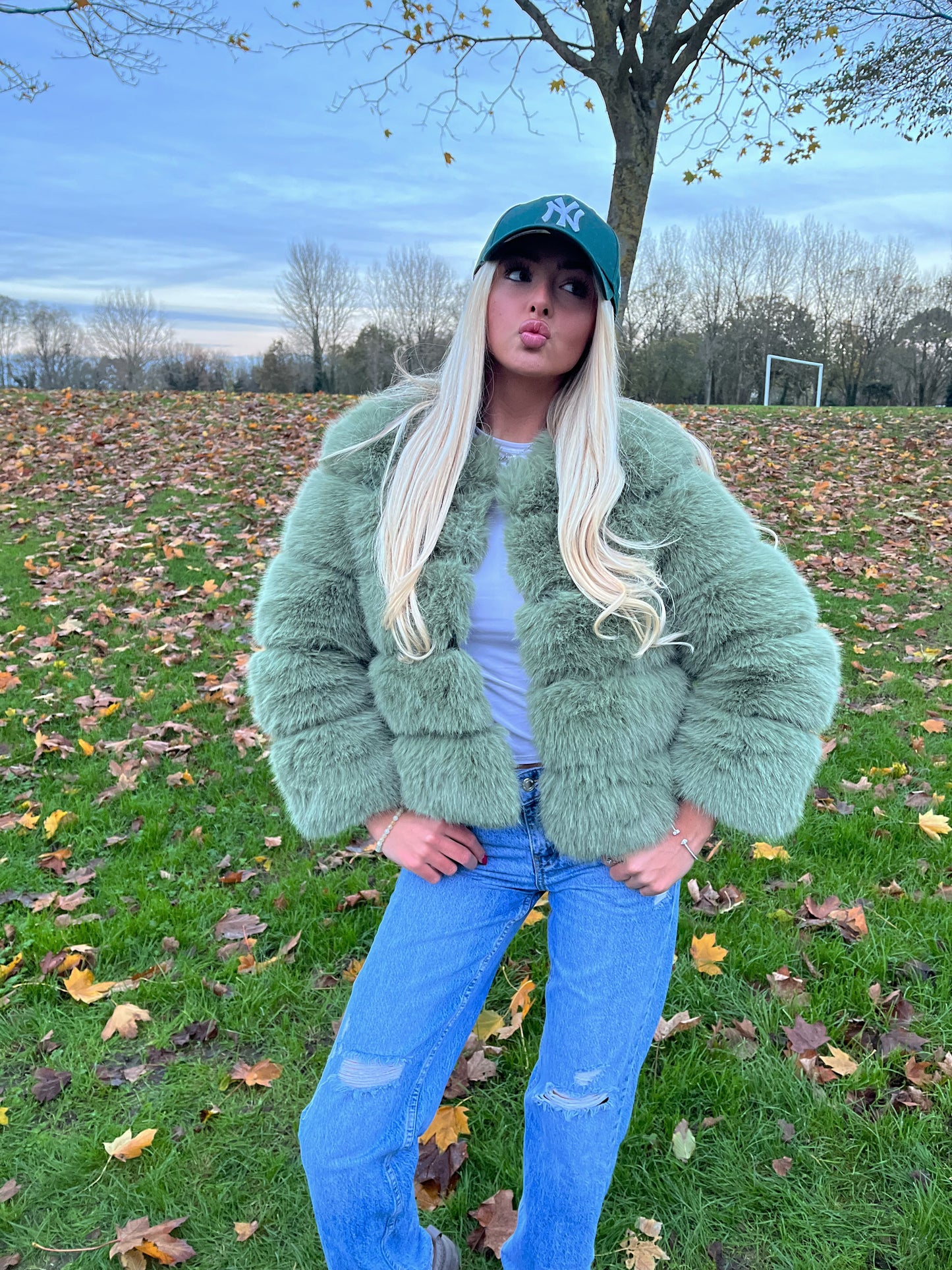Luxury sage green 3/4 sleeve faux fur coat
