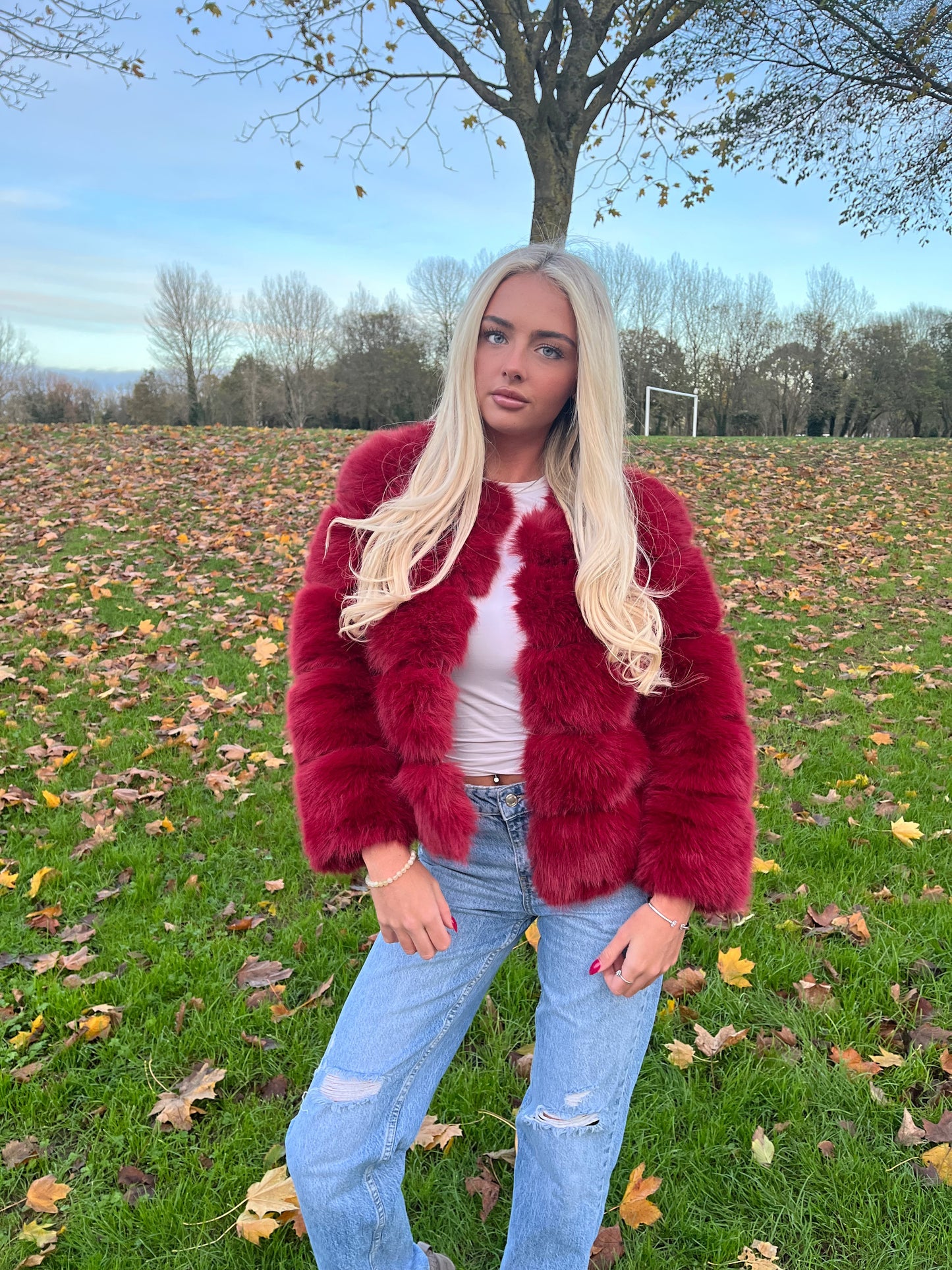 Luxury wine faux fur 3/4 sleeve coat