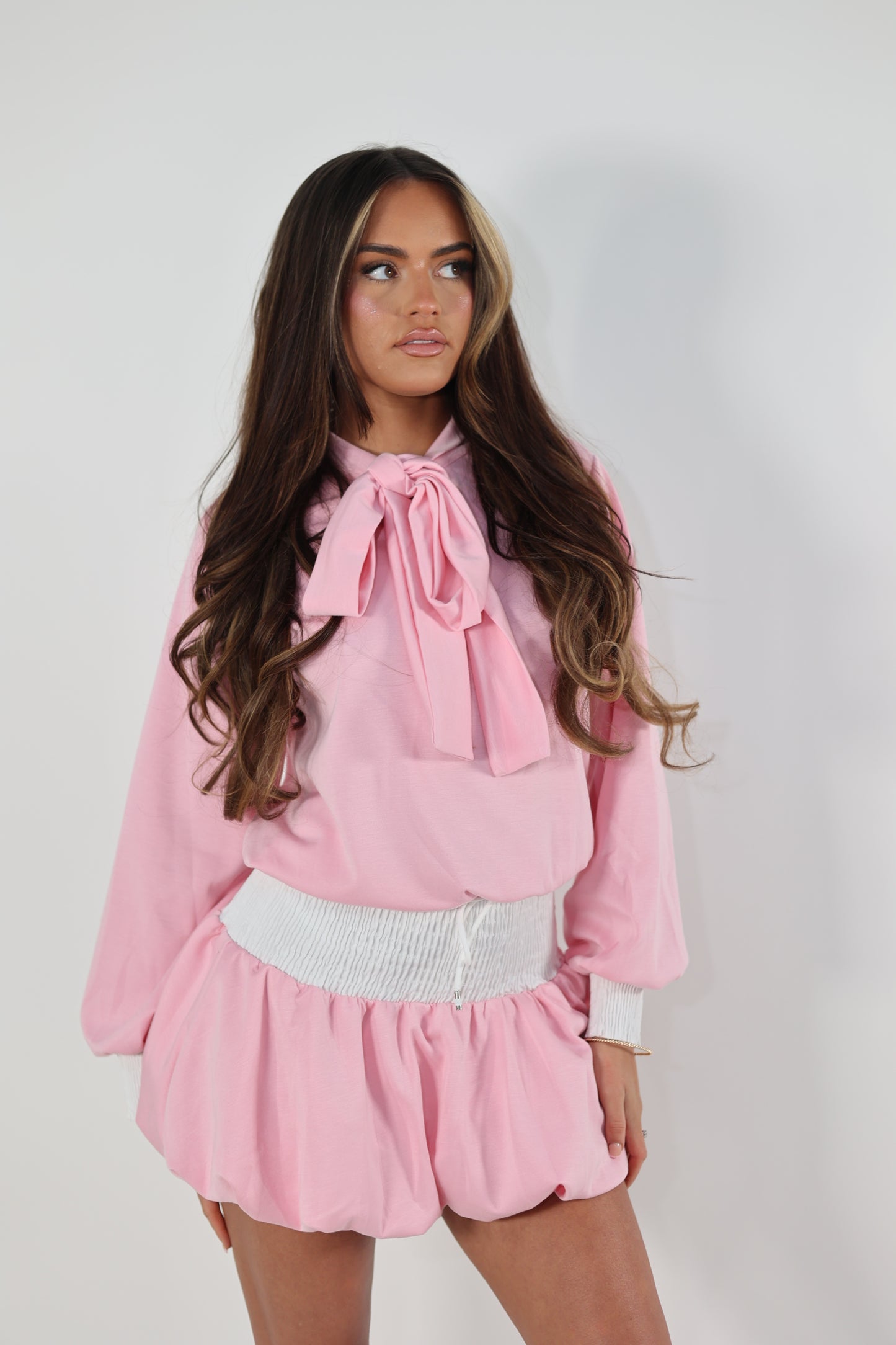Pink bow blouse and puff ball skirt set
