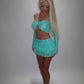 LIMITED EDITION HAND MADE AND DESIGNED IN HOUSE: Blue frilly Rara skirt top and sleeves three piece
