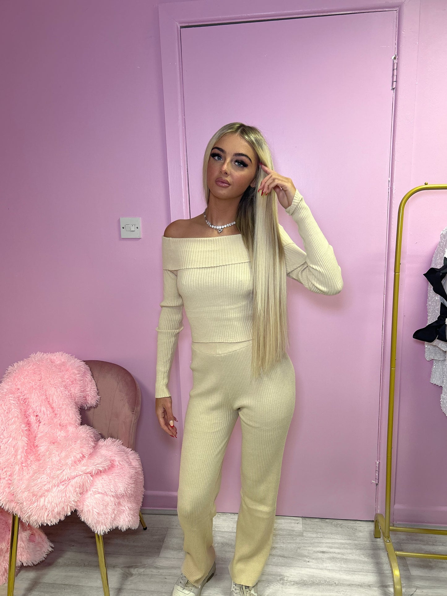 Beige Off the shoulder knitted jumper and trousers set