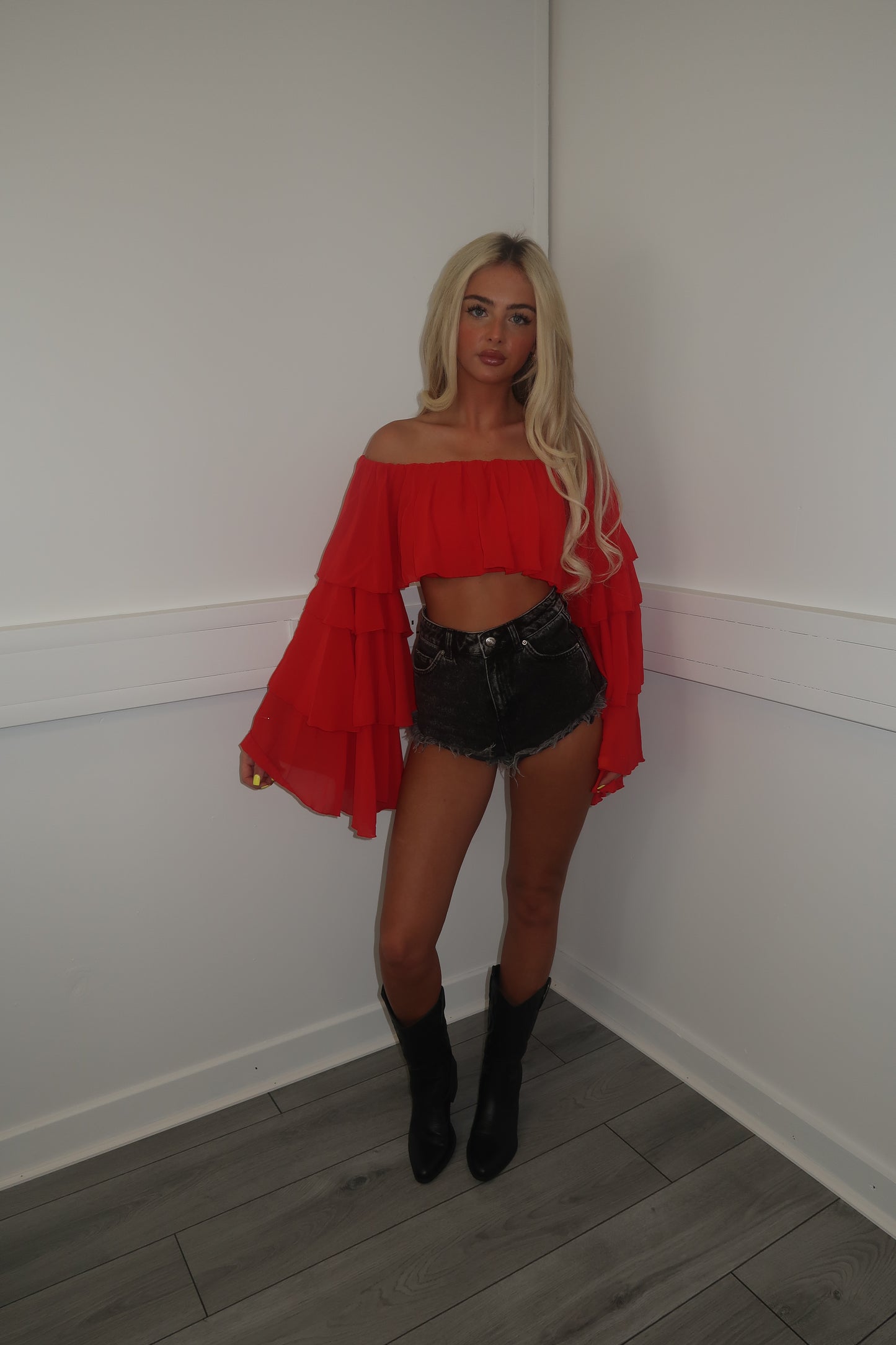 Red chiffon layered Bardot top