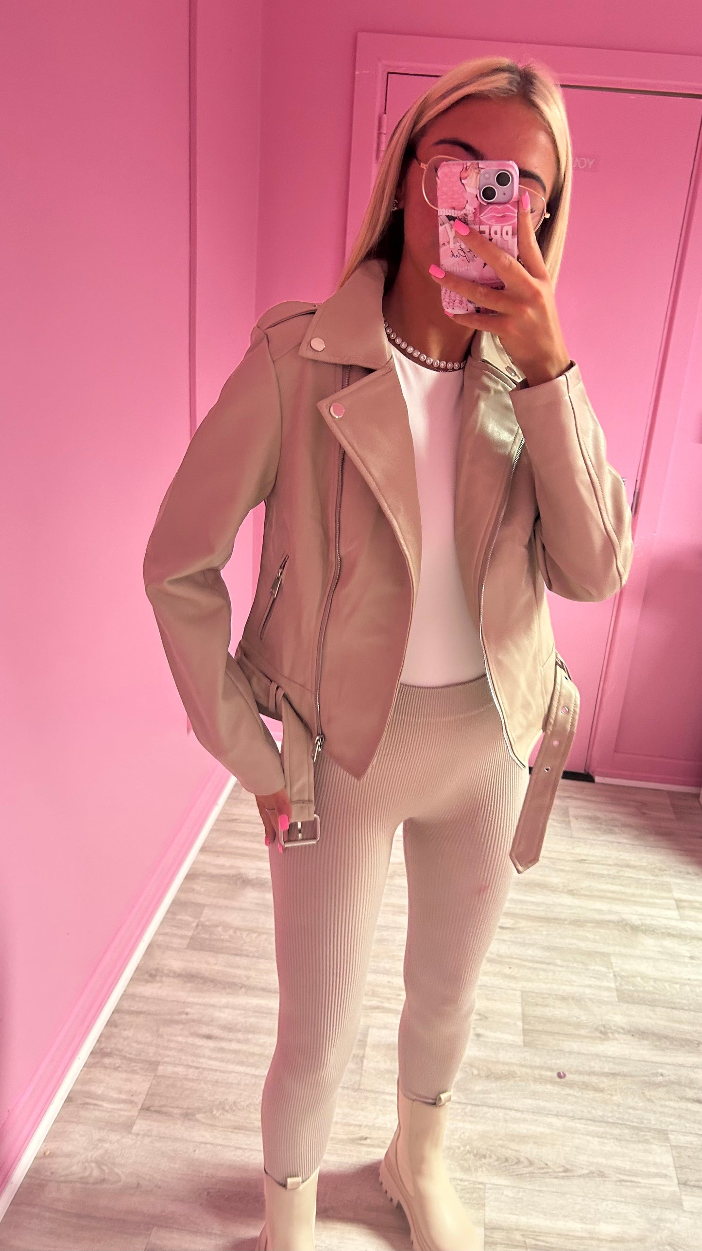 PU Cream Belted Zip Up Biker Jacket