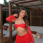 LIMITED EDITION HAND MADE AND DESIGNED IN HOUSE: Red frilly Rara skirt top and sleeves three piece