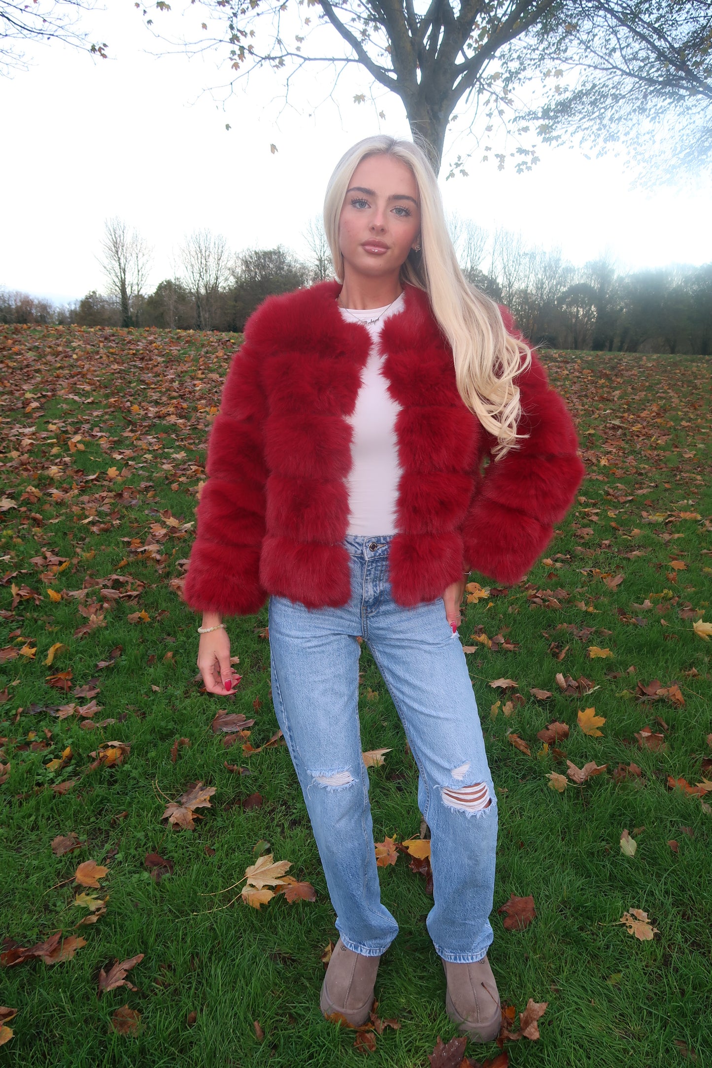 Luxury wine faux fur 3/4 sleeve coat