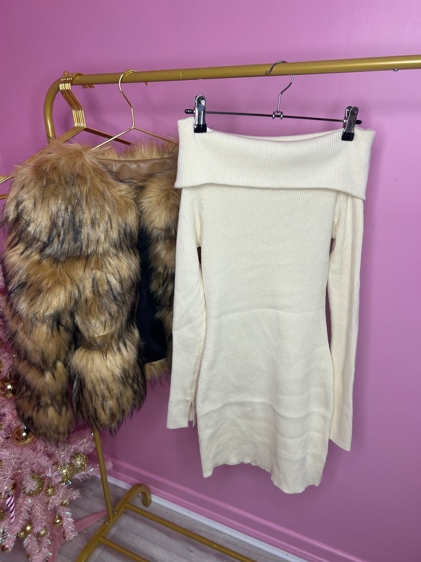 Cream Bardot knitted dress
