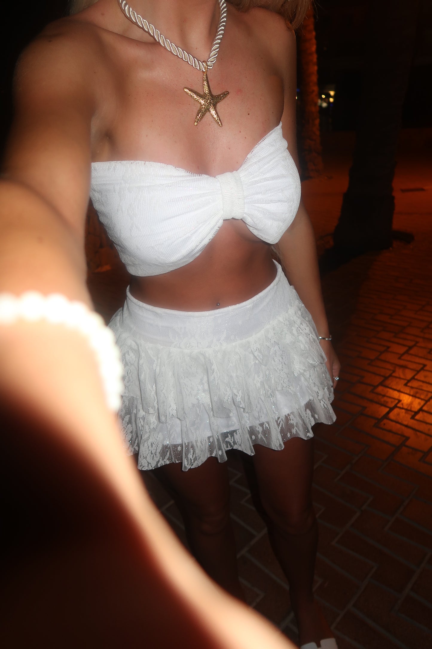LIMITED EDITION HAND MADE AND DESIGNED IN HOUSE: White shimmer frilly Rara skirt co-ord