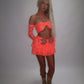 LIMITED EDITION HAND MADE AND DESIGNED IN HOUSE: Coral frilly Rara skirt top and sleeves three piece