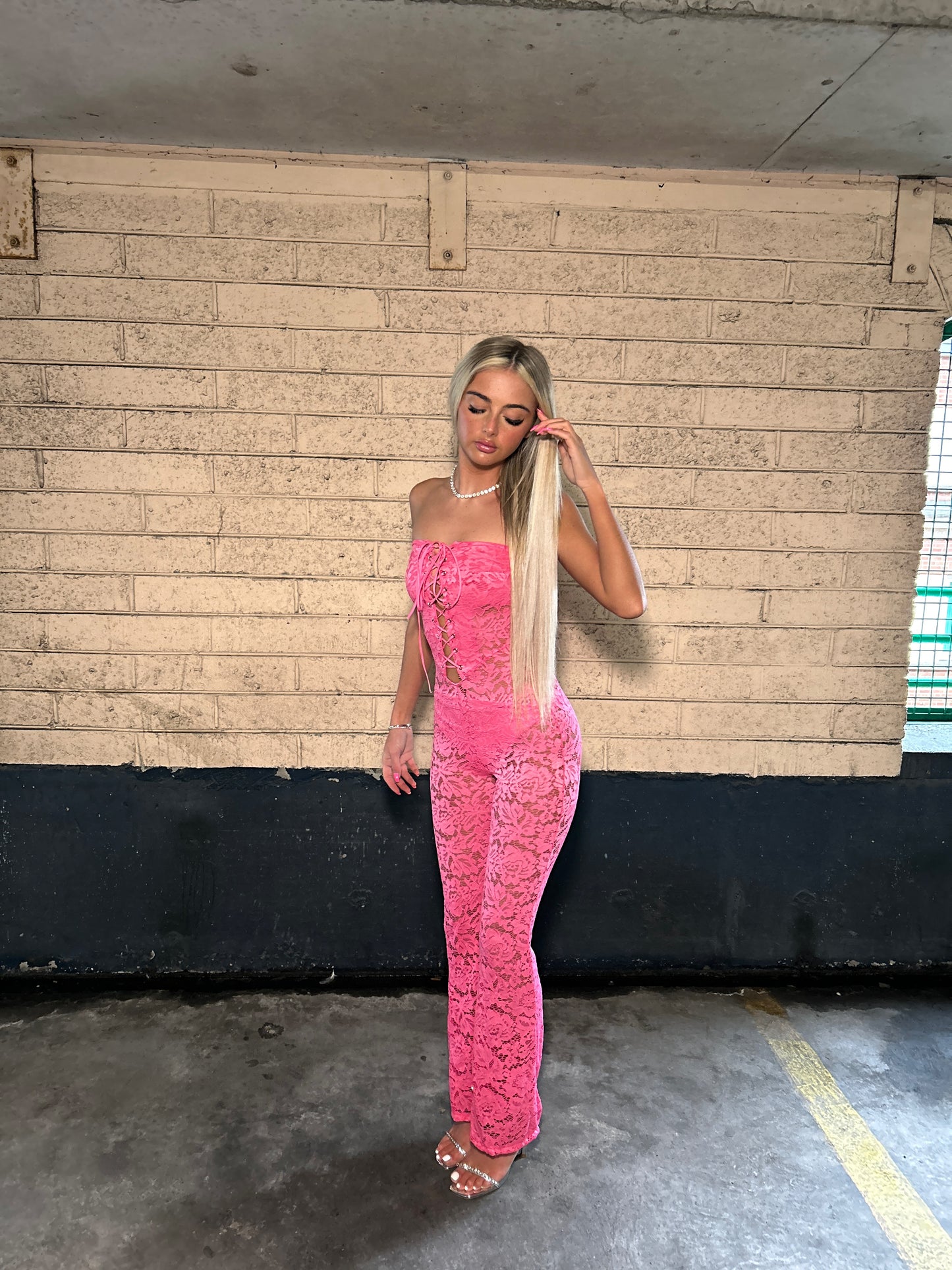 Pink lace tie front jumpsuit