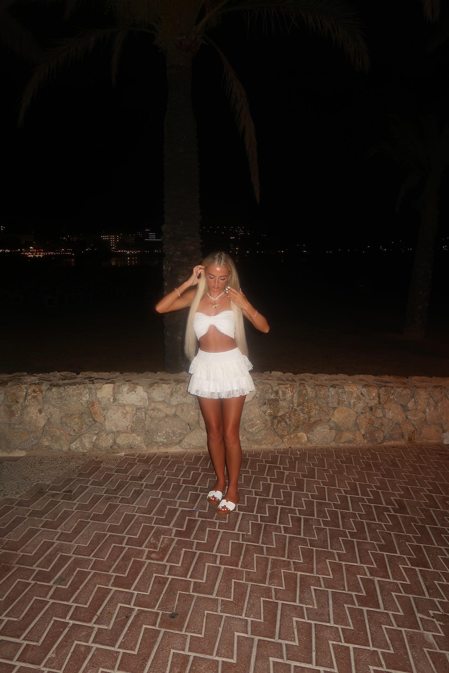 LIMITED EDITION HAND MADE AND DESIGNED IN HOUSE: White shimmer frilly Rara skirt co-ord