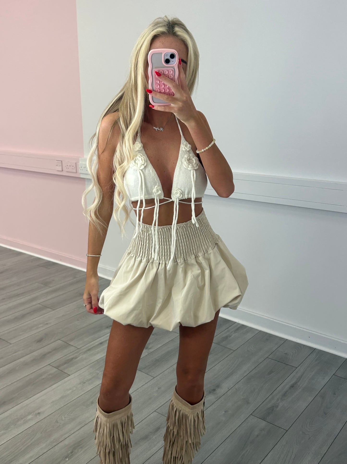 Beige Shirred High Waist Bubble Skirt