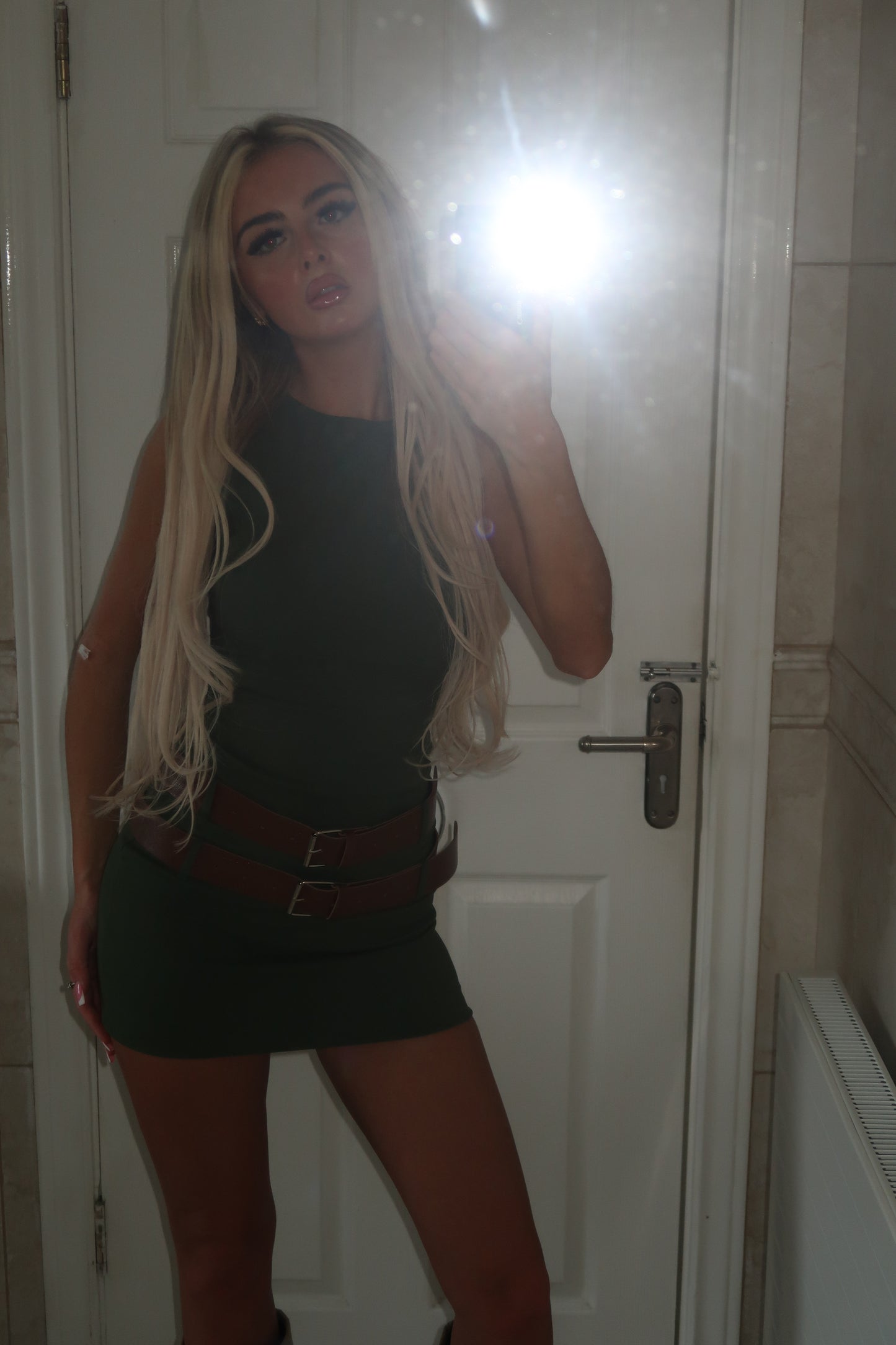 Khaki Double Belted Round Neck Mini Dress