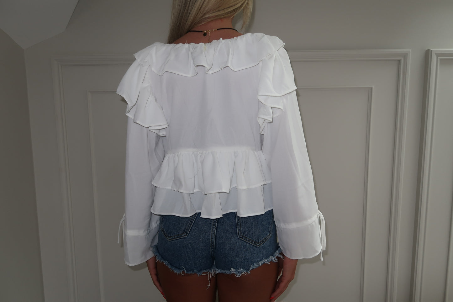 White Cropped Ruffle Blouse