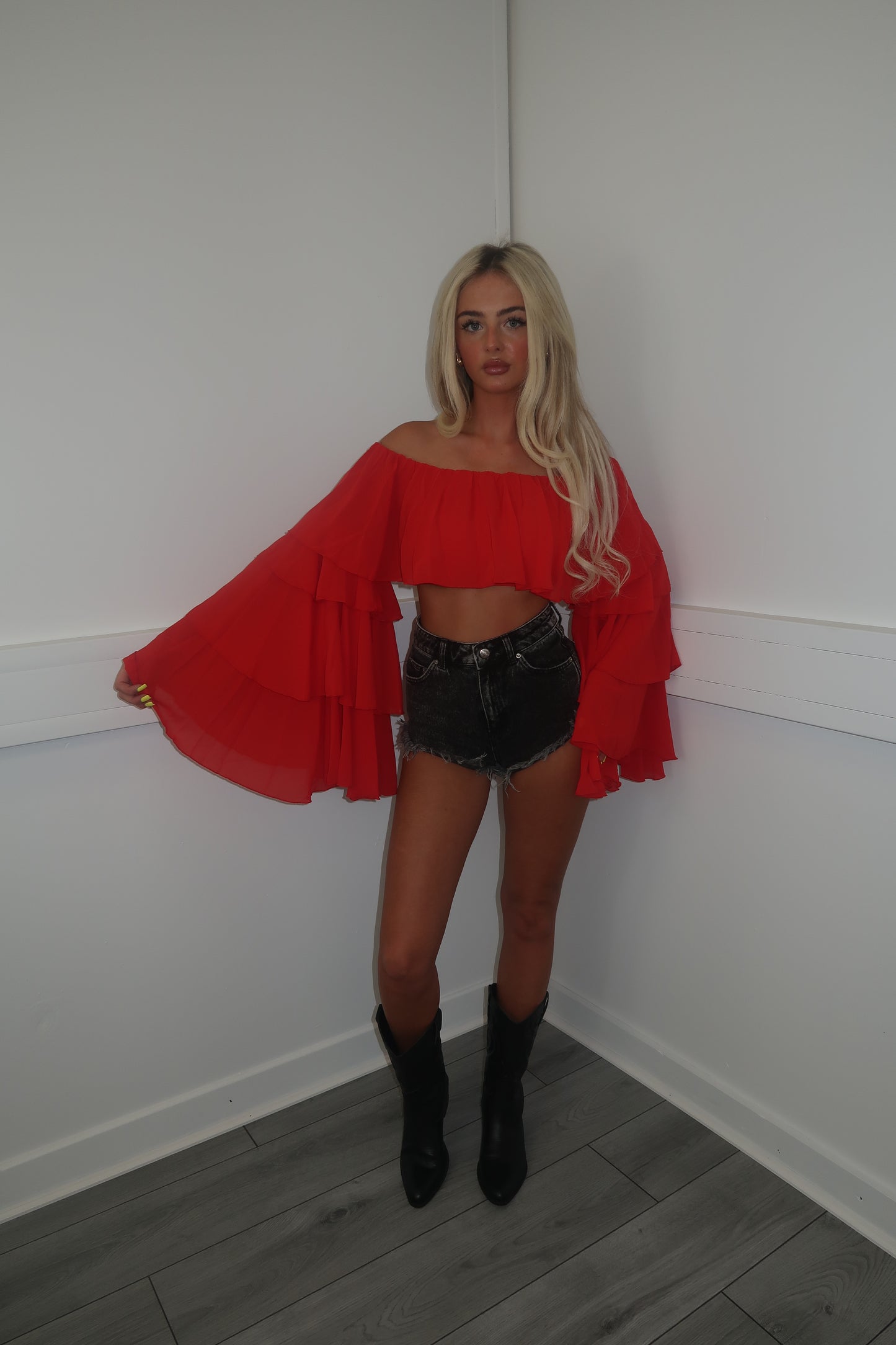 Red chiffon layered Bardot top