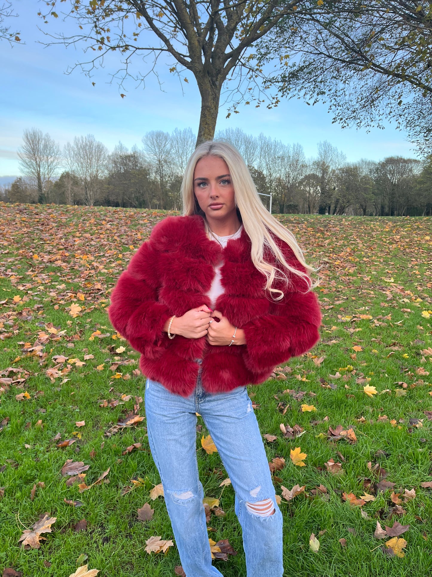Luxury wine faux fur 3/4 sleeve coat