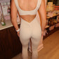 Beige cut out back ruched push-up jumpsuit