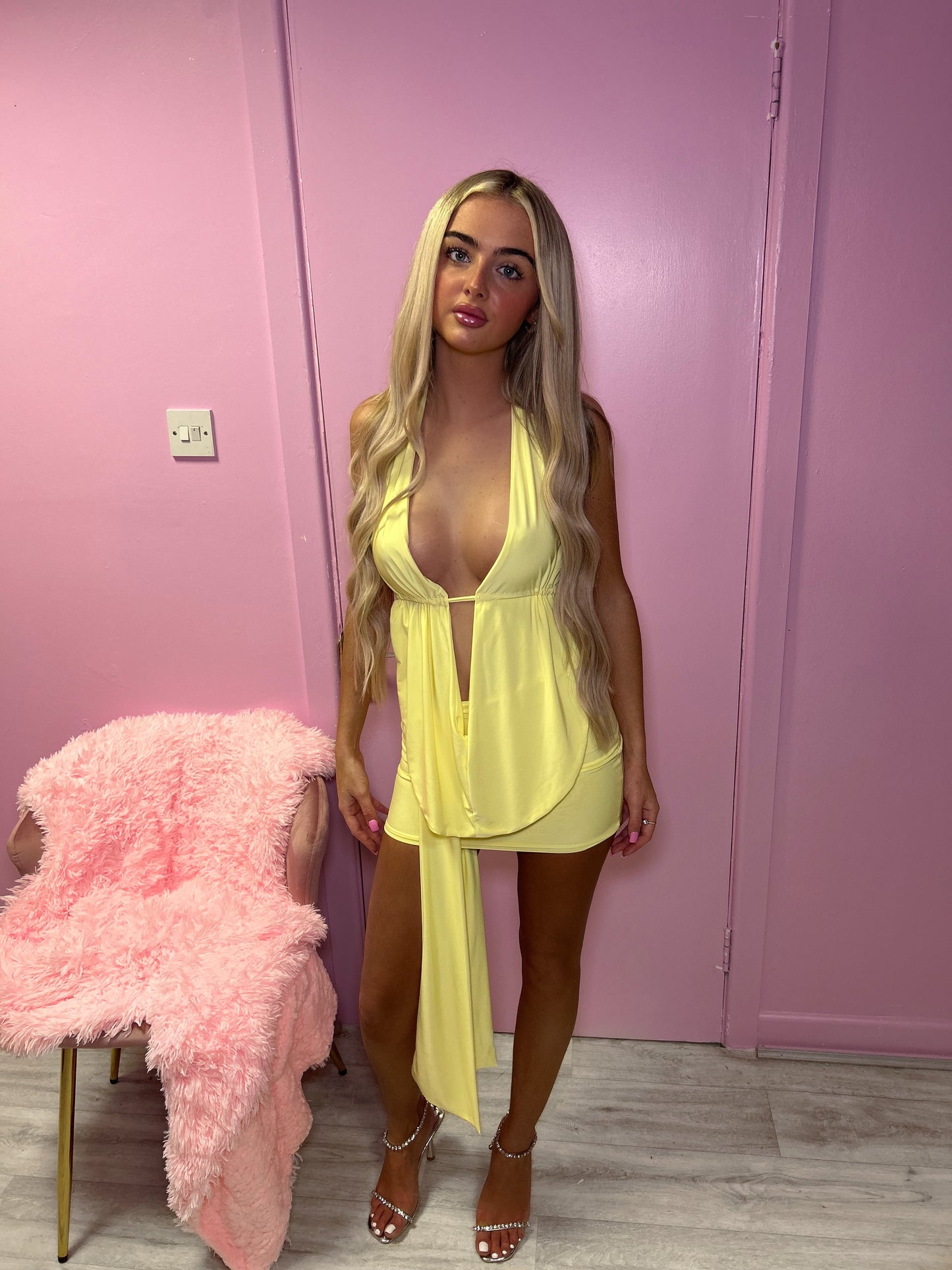 Yellow Slinky Halter Neck Top & Skirt Co-ord With Tie Knot Drape Detail