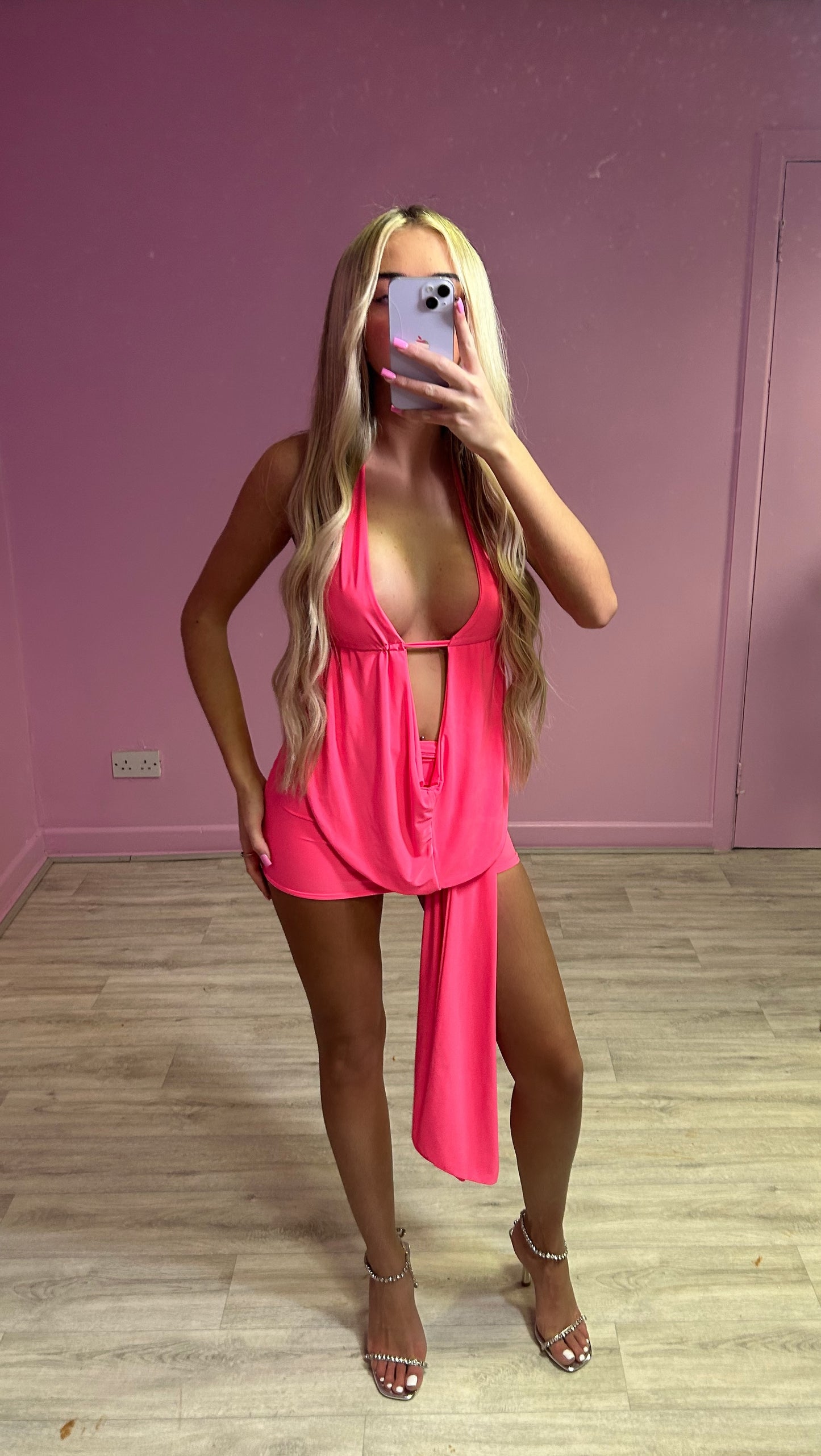 Pink Slinky Halter Neck Top & Skirt Co-ord With Tie Knot Drape Detail