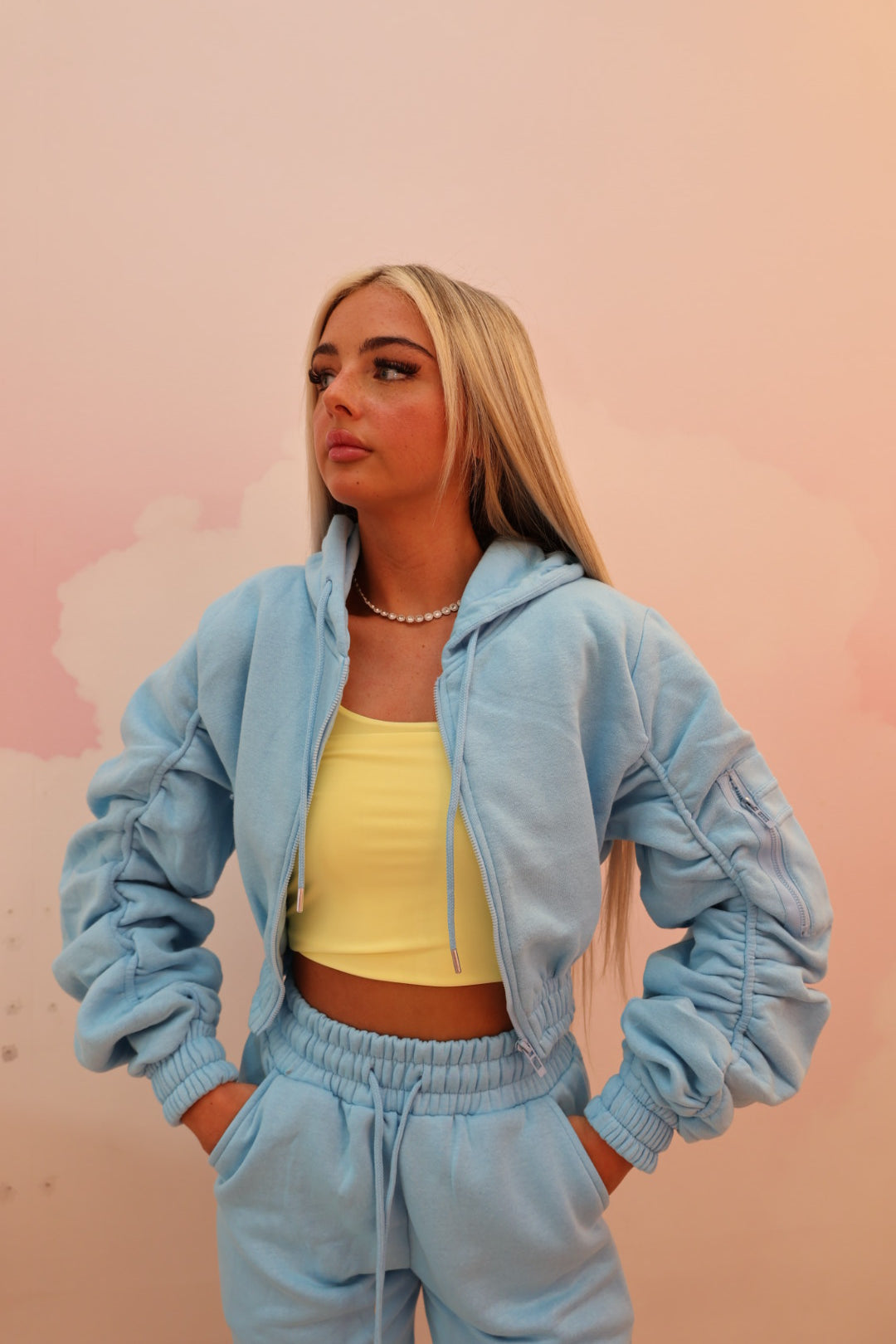 Blue ruched sleeve tracksuit