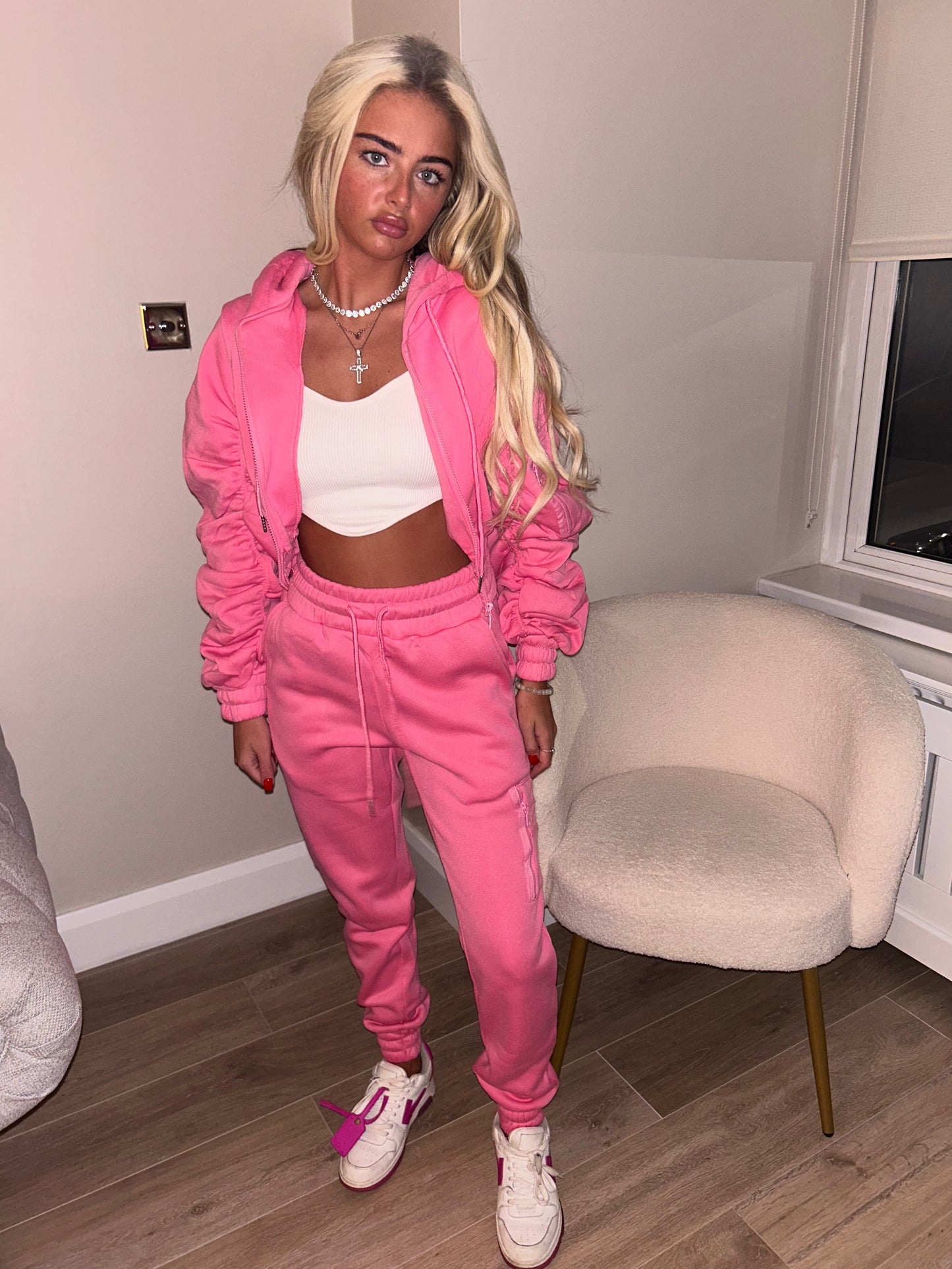 Pink ruched sleeve tracksuit