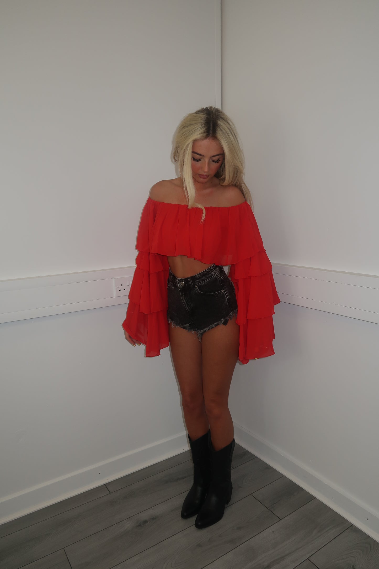 Red chiffon layered Bardot top