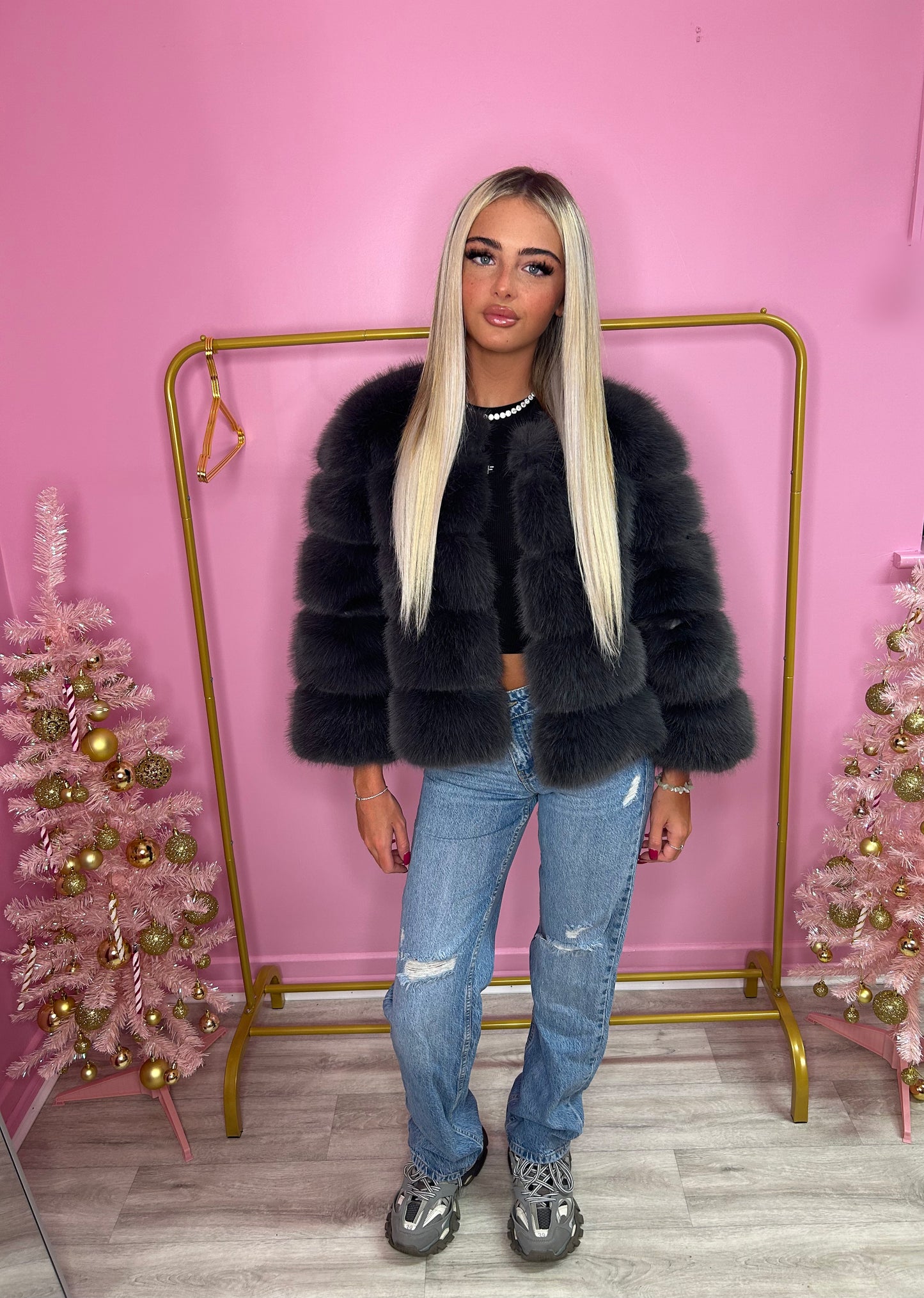 Dark charcoal grey NEW luxury faux fur coat 3/4 sleeve