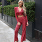 LIMITED EDITION HANDMADE & DESIGNED IN HOUSE: Burgundy sparkle flared trousers and top set