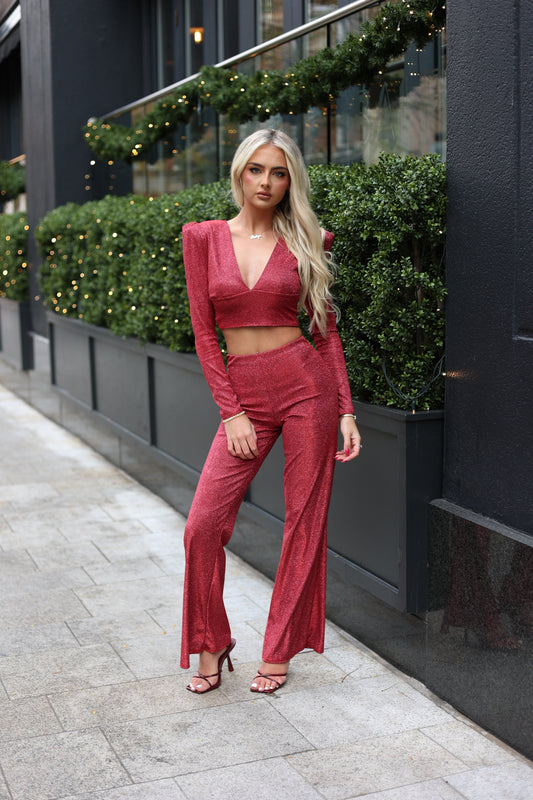 LIMITED EDITION HANDMADE & DESIGNED IN HOUSE: Burgundy sparkle flared trousers and top set