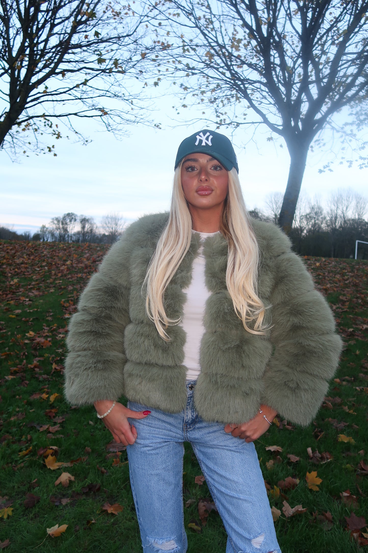 Luxury sage green 3/4 sleeve faux fur coat
