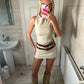 Beige Double Belted Round Neck Mini Dress